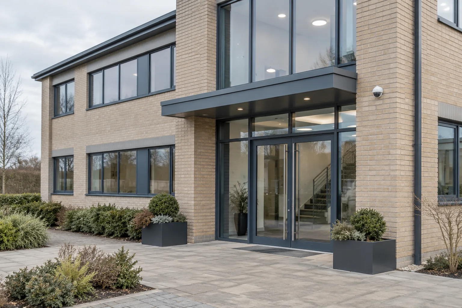 Illustration of a low-rise commercial building entrance with a security camera