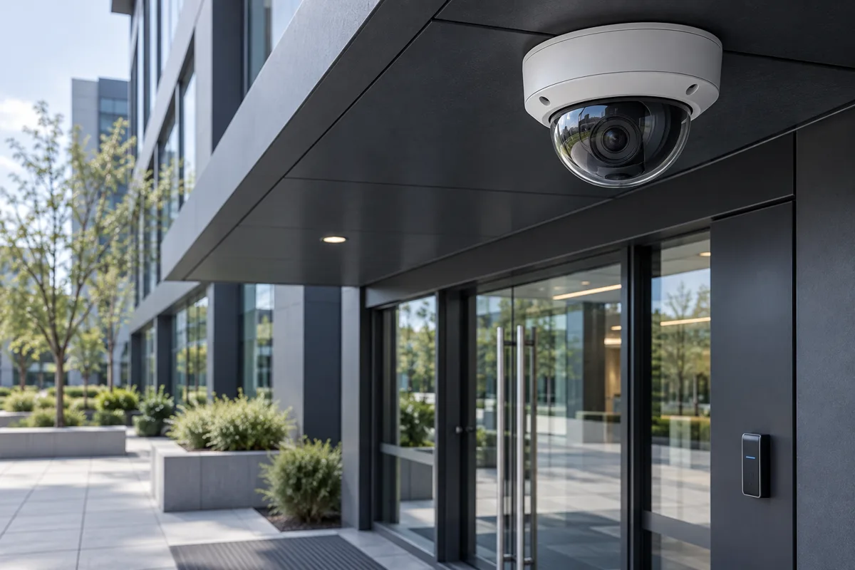 Illustration of CCTV and an access reader at a building entrance