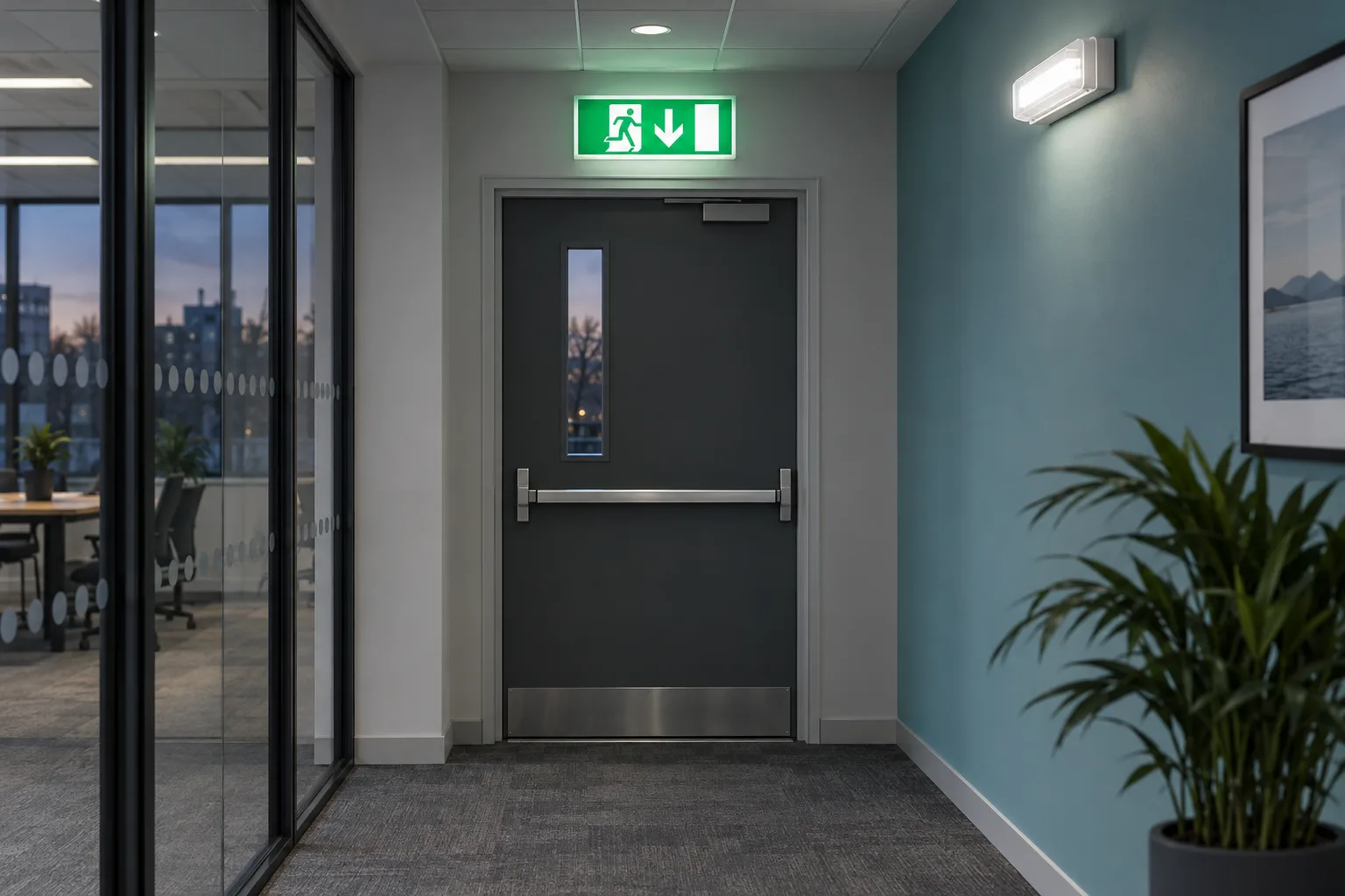 Illustration of an illuminated exit sign and emergency luminaire above a commercial exit