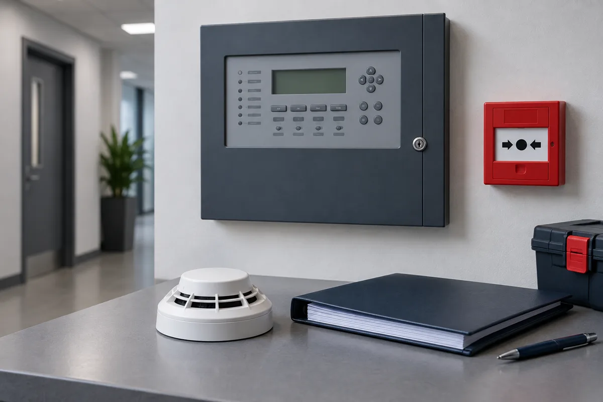 Illustration of a fire alarm panel, call point and smoke detector