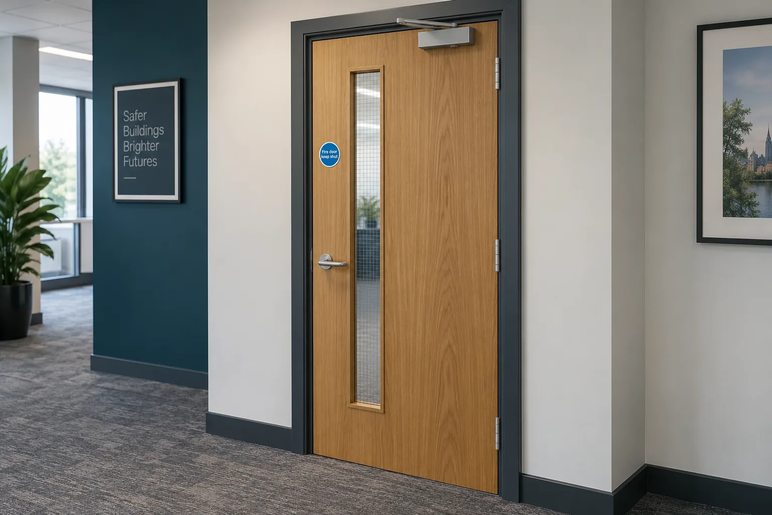 Illustration of a closed fire door with a vision panel and overhead closer