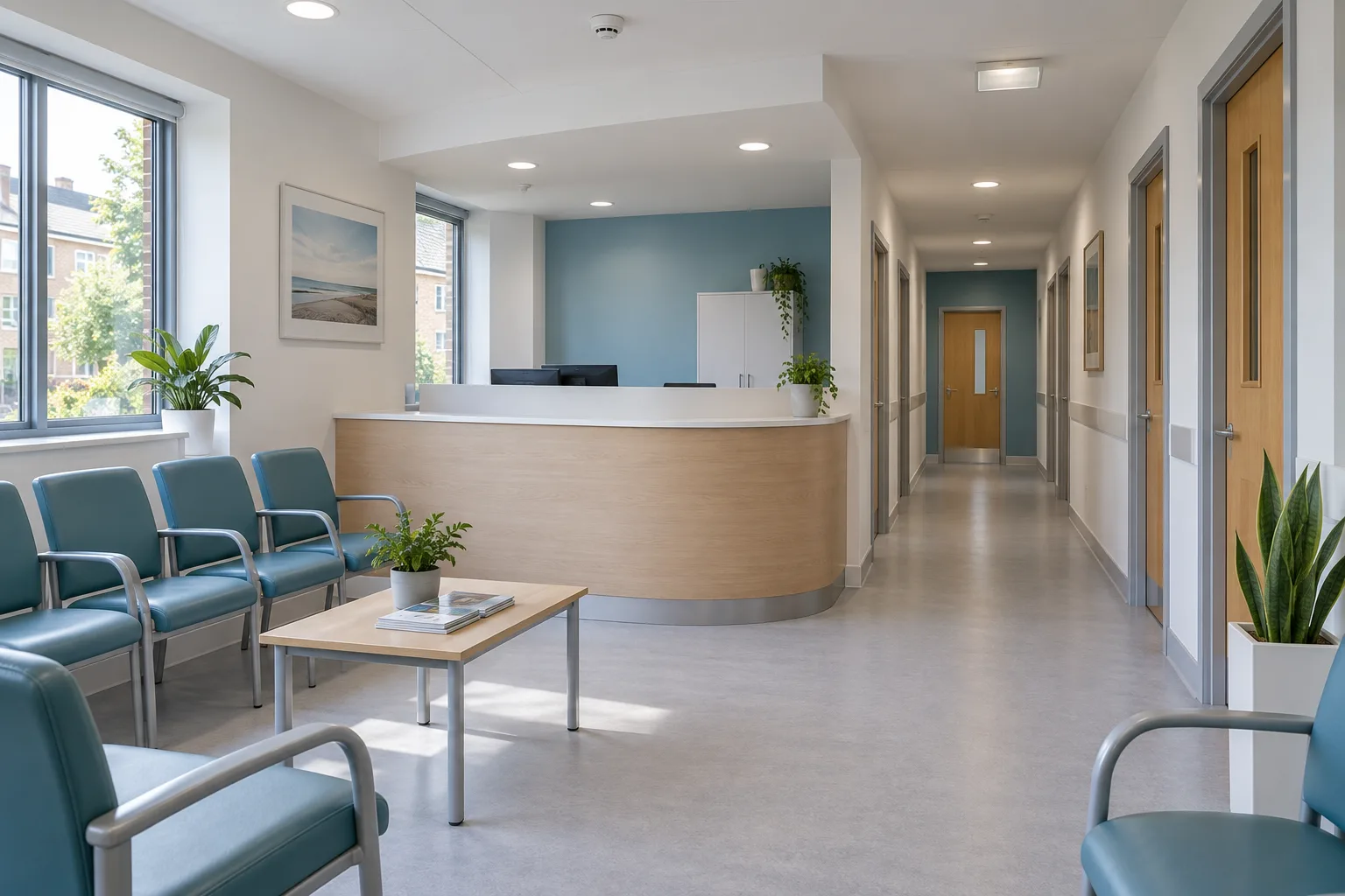 Illustration of a healthcare reception and corridor with building safety equipment