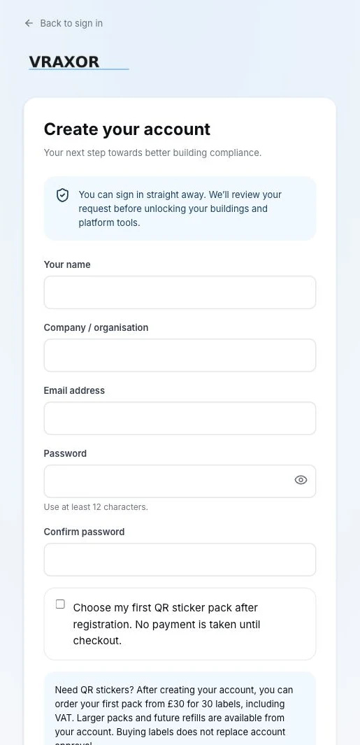 Actual Vraxor Passport registration screen showing account creation and the account approval explanation, with empty form fields