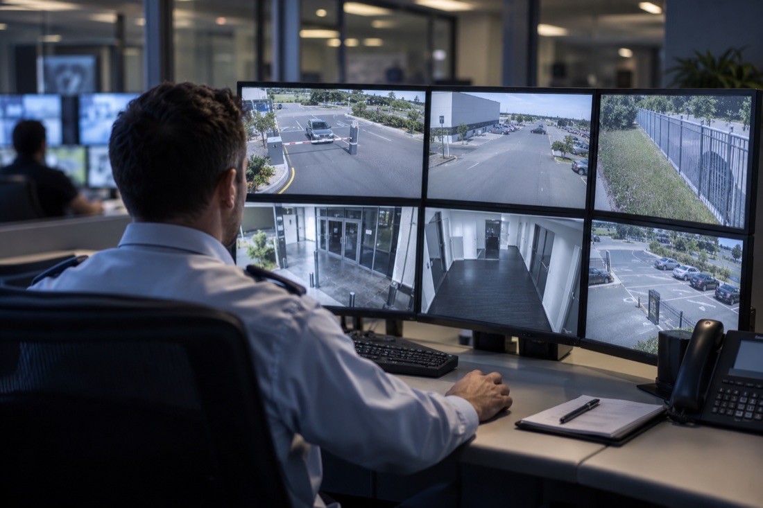 Illustrative control-room operator reviewing CCTV screens