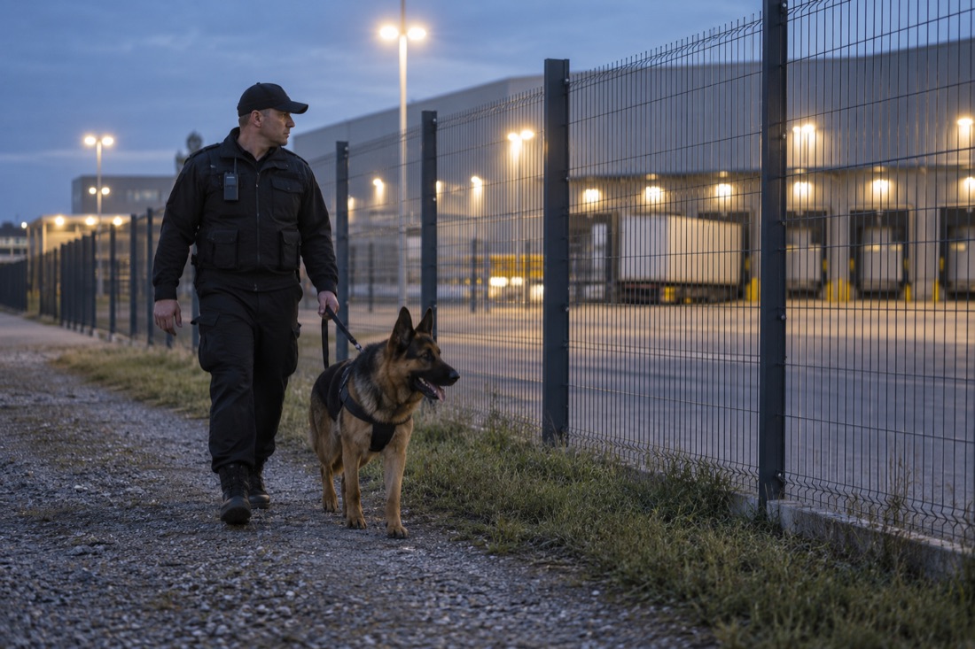 Illustrative dog handler patrolling an industrial perimeter with a working dog