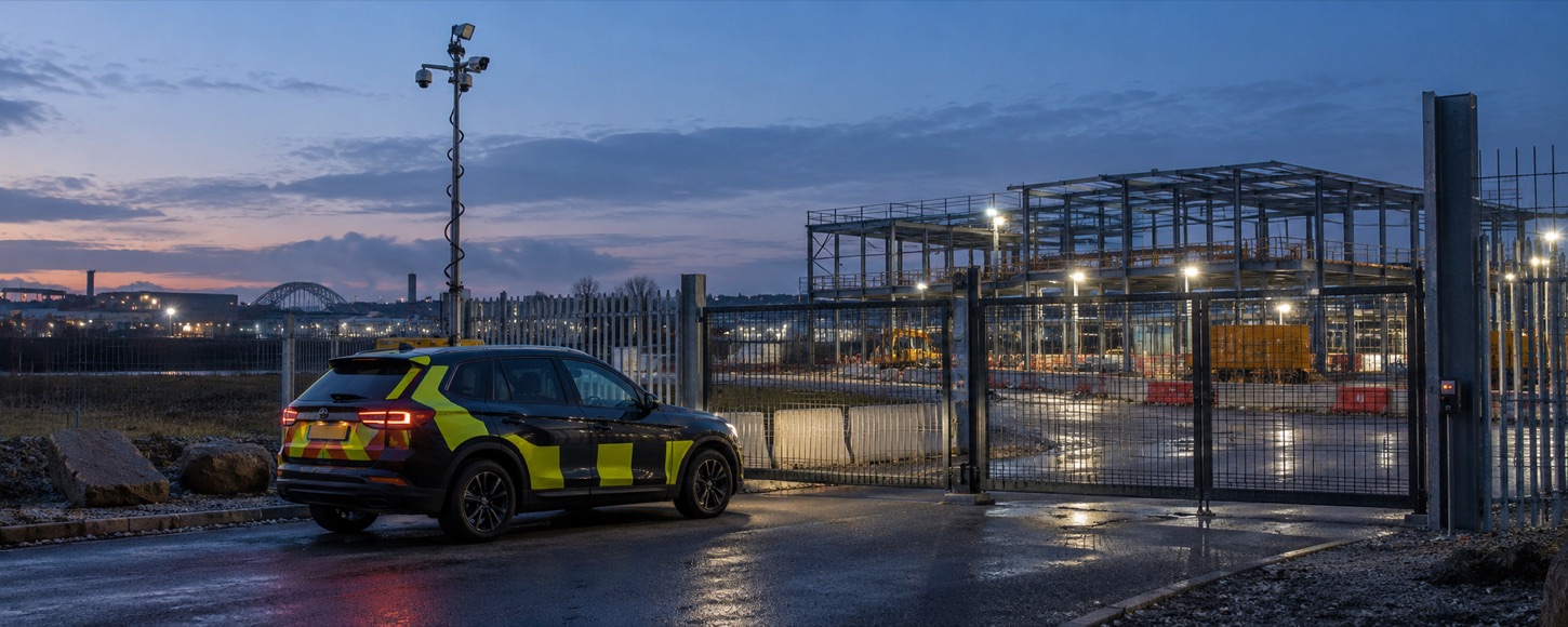 Illustrative construction perimeter with temporary CCTV and security vehicle