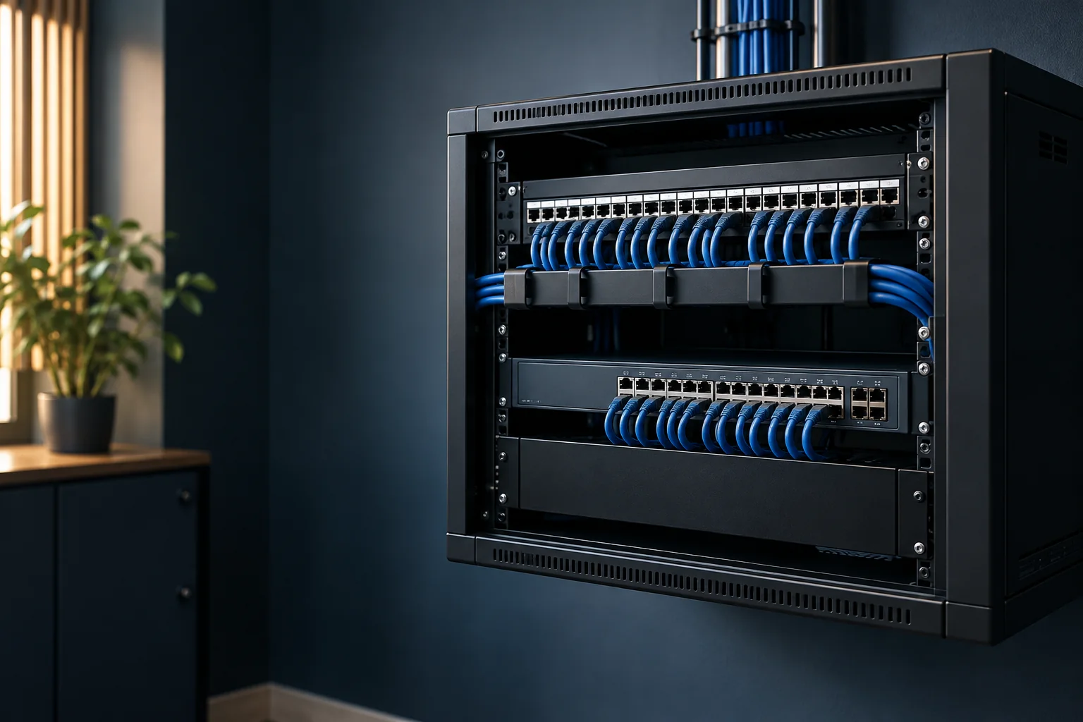 Illustration of an organised network cabinet with patch panels, a switch and blue Ethernet patch leads