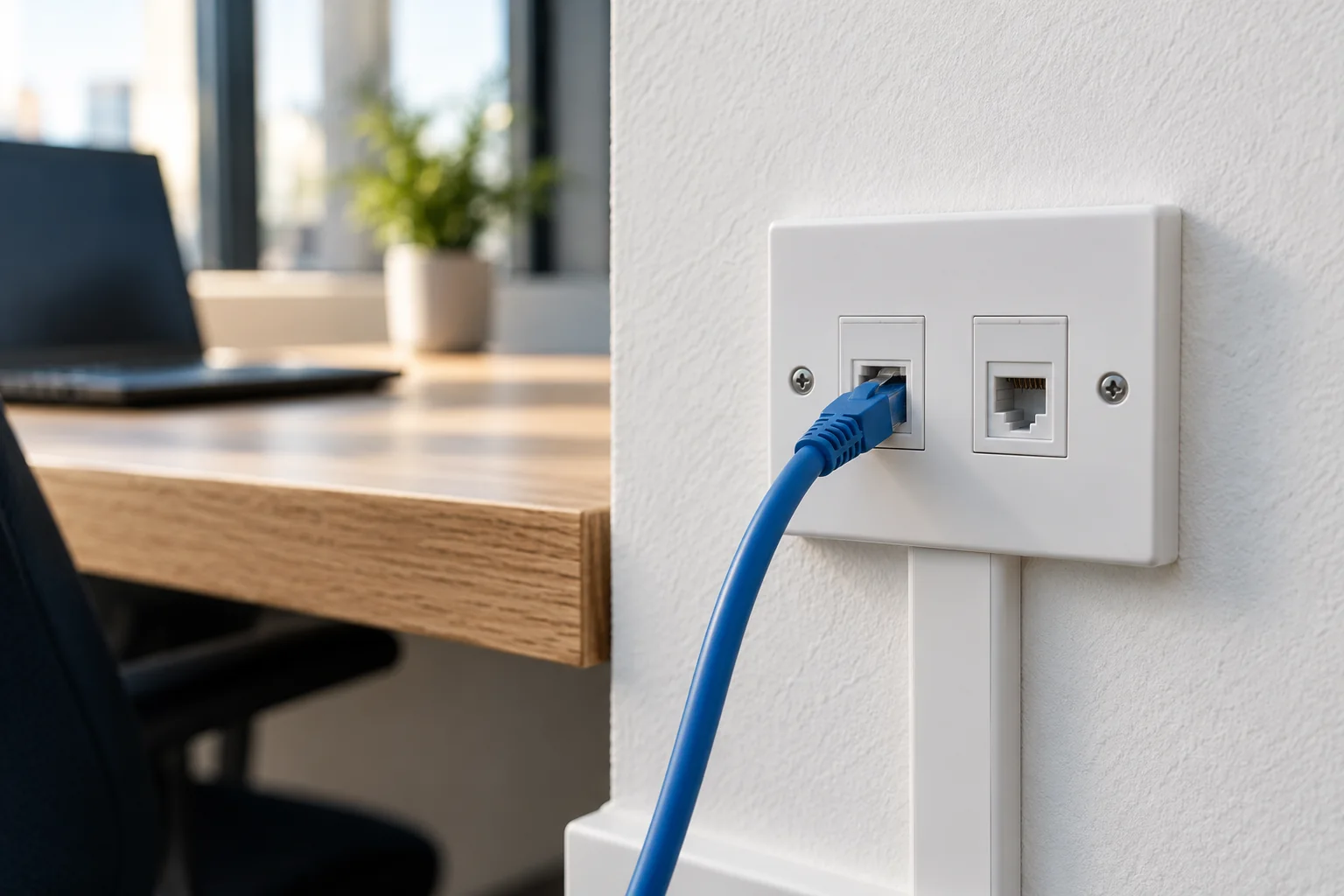 Illustration of a twin network outlet and blue Ethernet patch lead in an office